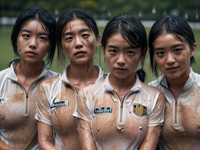 (A plain white short sleeved dirt stained field hockey uniform with a very tight white half zip:1.7)、(A large, dirt-stained, white, square collar: 1.6)、(Red clay ground:1.5)、My hair is wet and messy、(Beautiful Japanese woman covered in dirt:2.0)、Highest quality, masterpiece, Ultra-high resolution, Photorealistic, Raw Photos,Detailed face,(Muscular woman:2.4), (Fastener open: 1.8), (Upper body zoom up:1.0),(Everyone wears the same clothes:1.0), All members are super beauties, (Three beautiful Japanese women standing in a row facing the camera: 1.5), (Hair tied up: 1.4), (Exhausted expression:1.8), Bright photo, (My whole body is drenched in rain: 1.7)