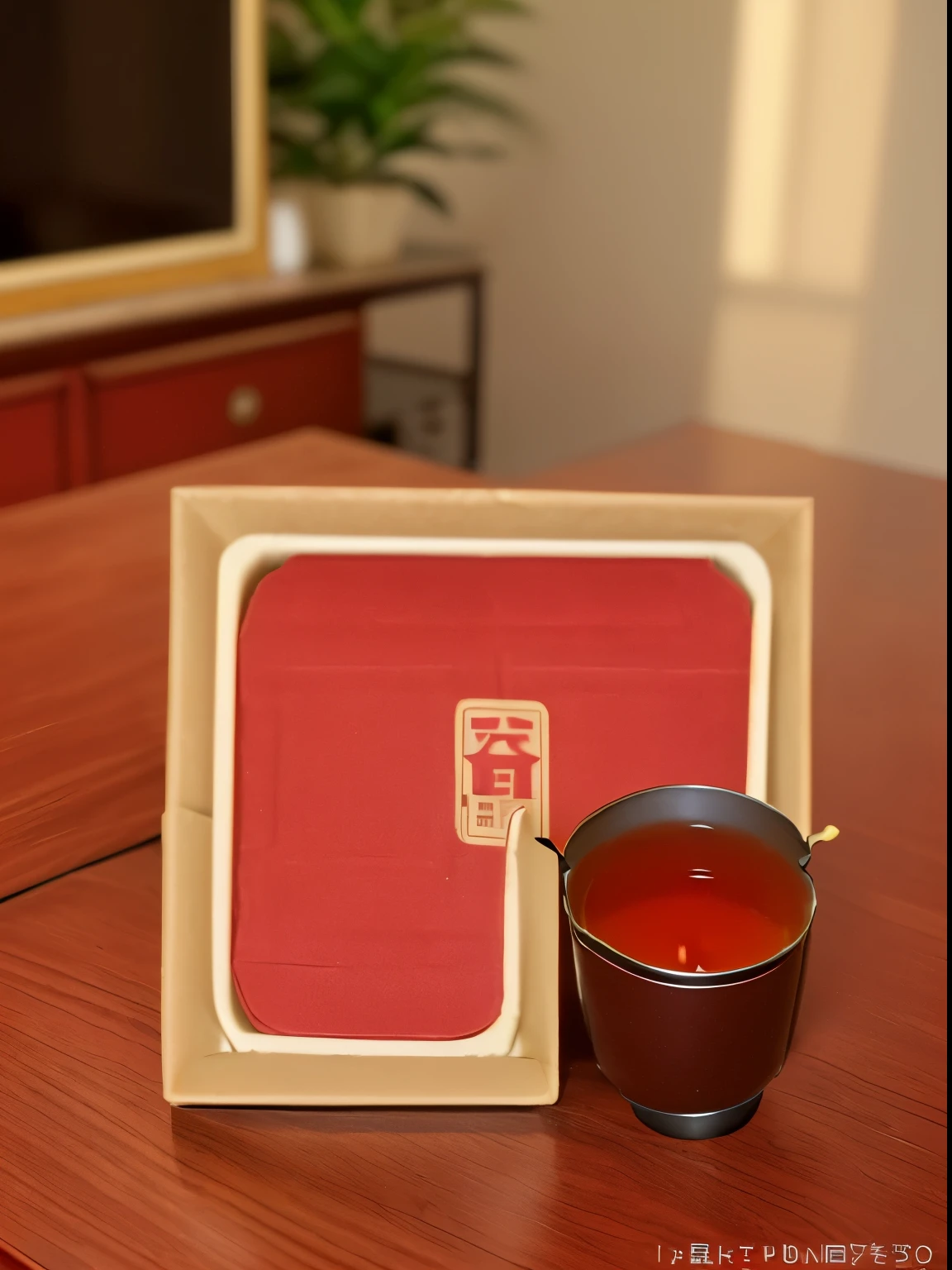 A tea box on the living room table,Red tea box,Warm environment