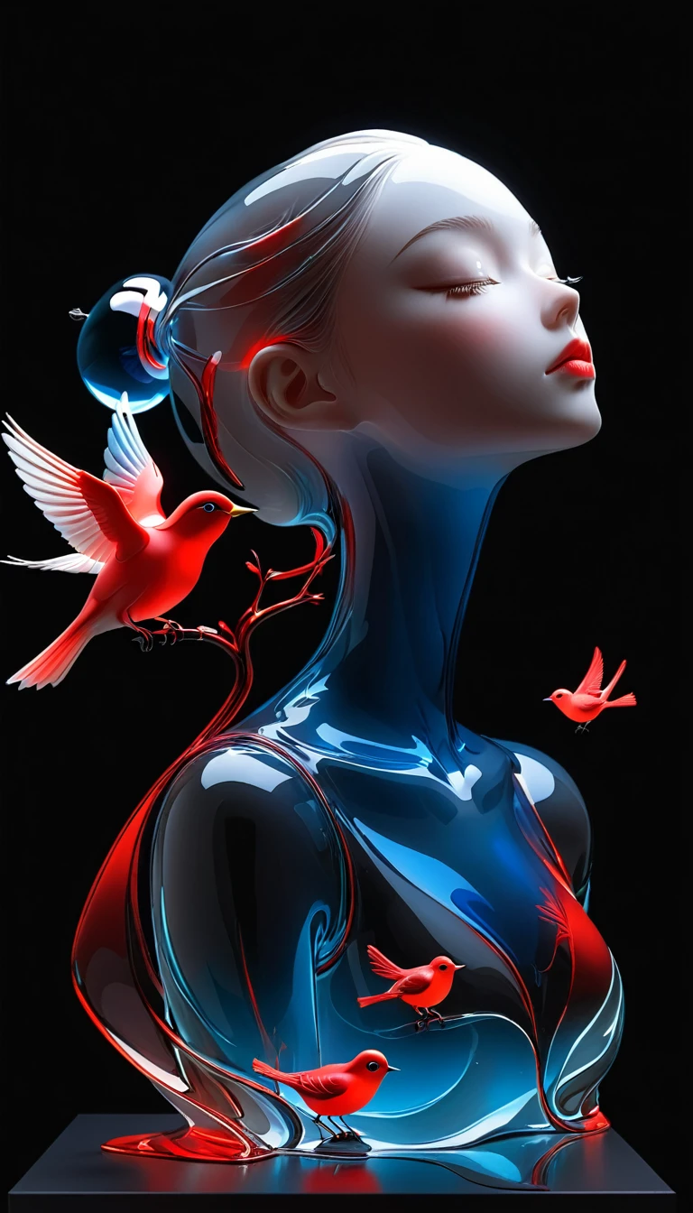 The Art of Blank Space，Sense of space，1 colored glass transparent 3D portrait sculpture and a bird，Close your eyes，面部Luminescence线路，simple，Minimalism，beautiful girl，Black and red，，black background，Luminescence