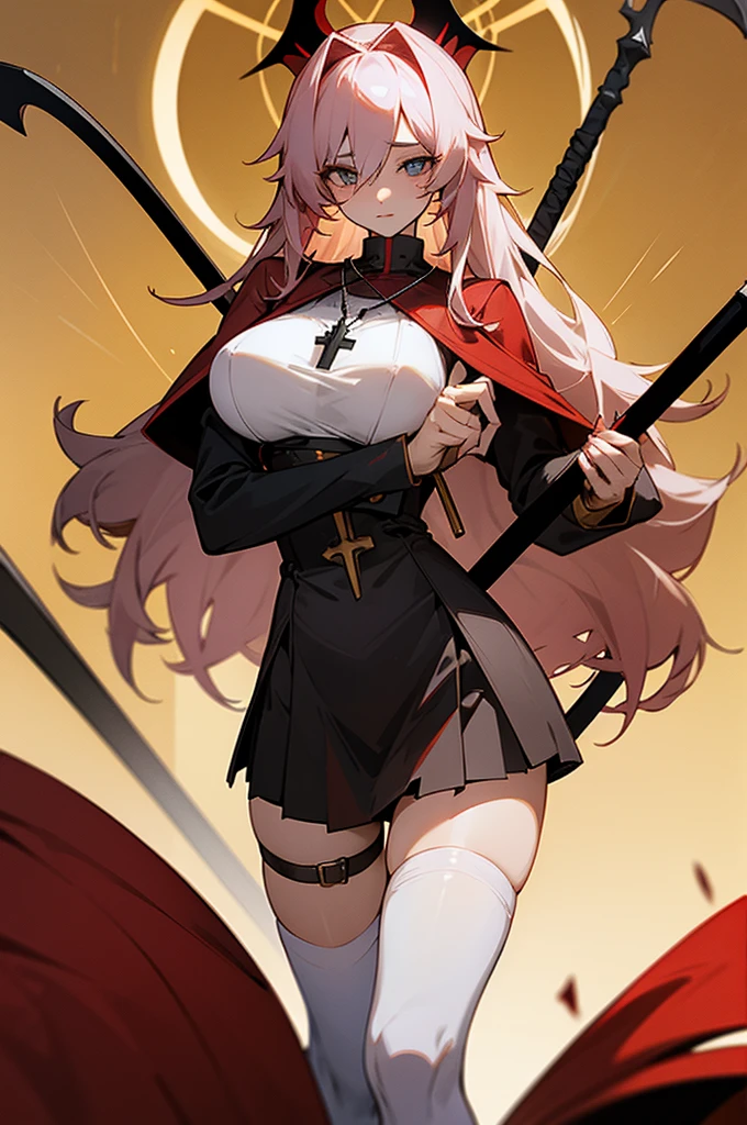 avenger,large breast,The chest area is exposed,Eye color is scarlet,garter,big Scythe,Catholic nun,Cross Necklace,hair over one eye,Knee socks,Hair color is golden,Devilish,Church Background, high Quality,best quality,Uninhabited