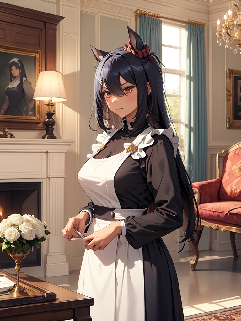 (​masterpiece、top-quality、hight resolution、Unity 8k Wallpaper、extremely details CG:1), An illustration depicting a typical day in a wealthy aristocratic mansion, featuring a young elementary school-aged girl and her devoted nursemaid, who has now become her personal maid. The young lady is dressed in an elegant, classic aristocratic outfit, reflecting her privileged upbringing. The nursemaid-turned-maid is dressed in a traditional maid uniform, appearing both nurturing and professional. They are seen engaging in everyday activities within the opulent surroundings of the mansion, such as the grand living room with luxurious furnishings, large windows with heavy drapes, and a lavish garden visible outside. The scene captures the close bond and care between the young girl and her maid in a sophisticated yet warm atmosphere. Hishi Amazon (umamusume)