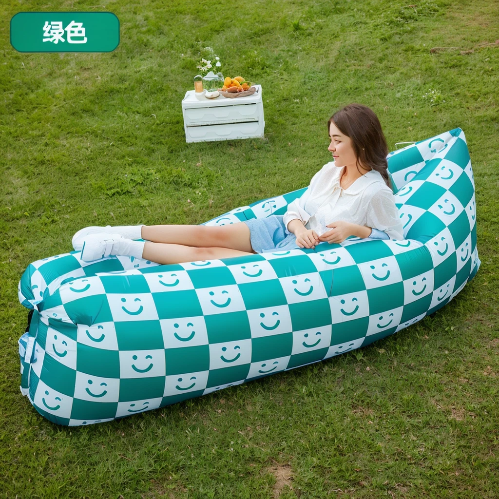 arafed woman sitting on a green and white Inflatable lounger, Inflatable, Sit, relax and be happy, 480p, 4 8 0 points, lazy, Relax and smile for the camera, sleeping bag, Delightful, aldult, elegant, high quality, 7 2 0 points, 720p, 240p, want to, decorate
