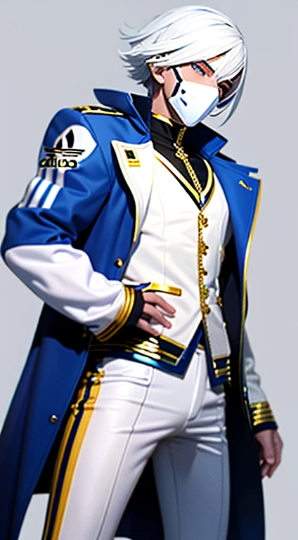 masculine, best qualityer, artwork,White hair, blue colored eyes,white and gold adidas clothes and white mask, white and gold captain&#39;s hat