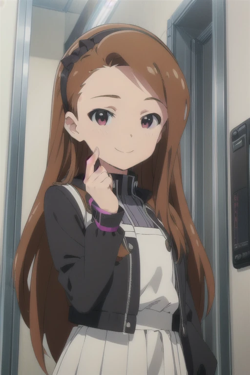 (((pixel-perfect, detail-perfect))), solo, 1girl, iori minase, jacket black, black shirt, looking at viewer, smile, ring, v hand