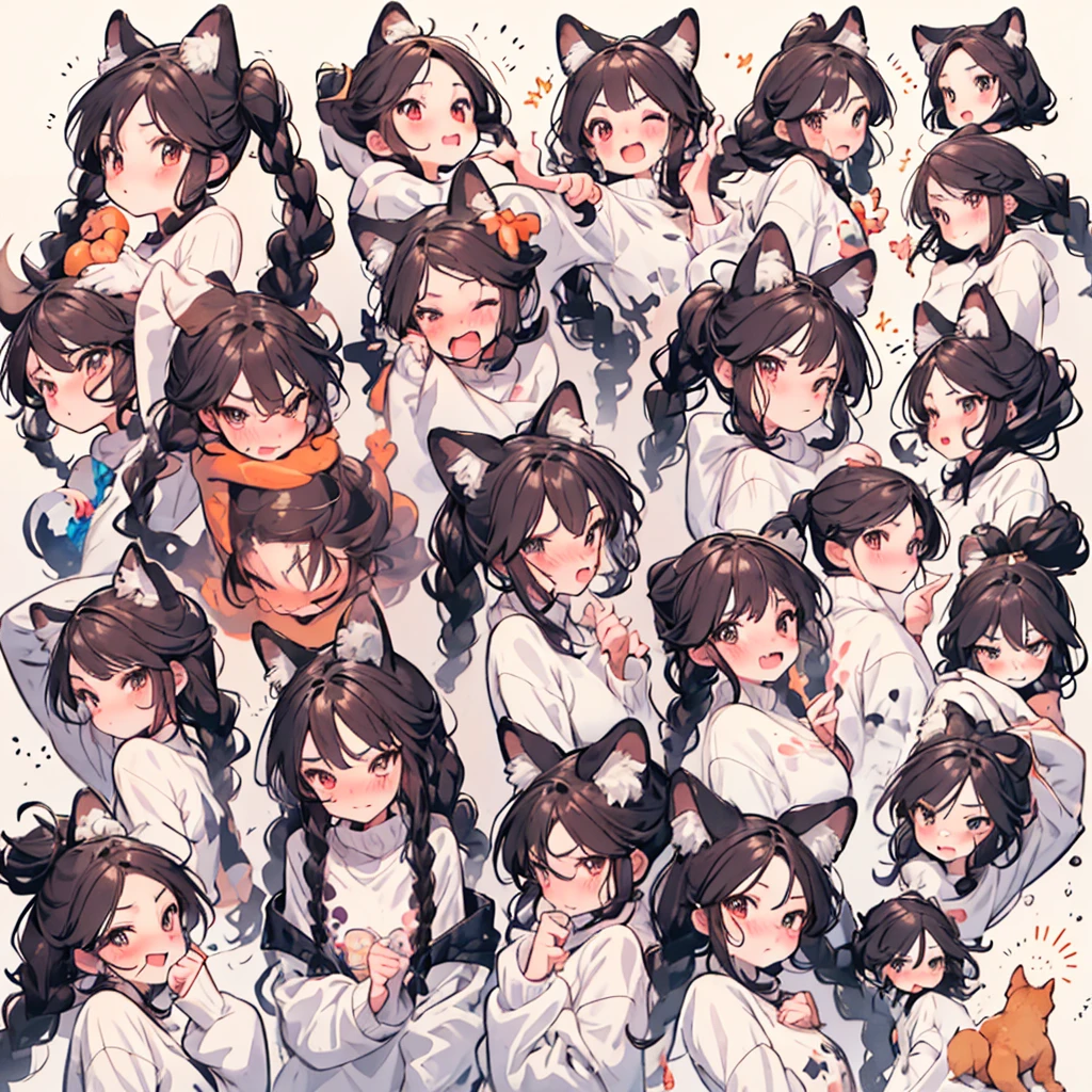 Shiba Inu girl expression pack，（（（Crying face，sad face，Excited face））），（（（（Detailed girl avatar table，Front diagram，Side view，three quarter view））））（（（（White background））））