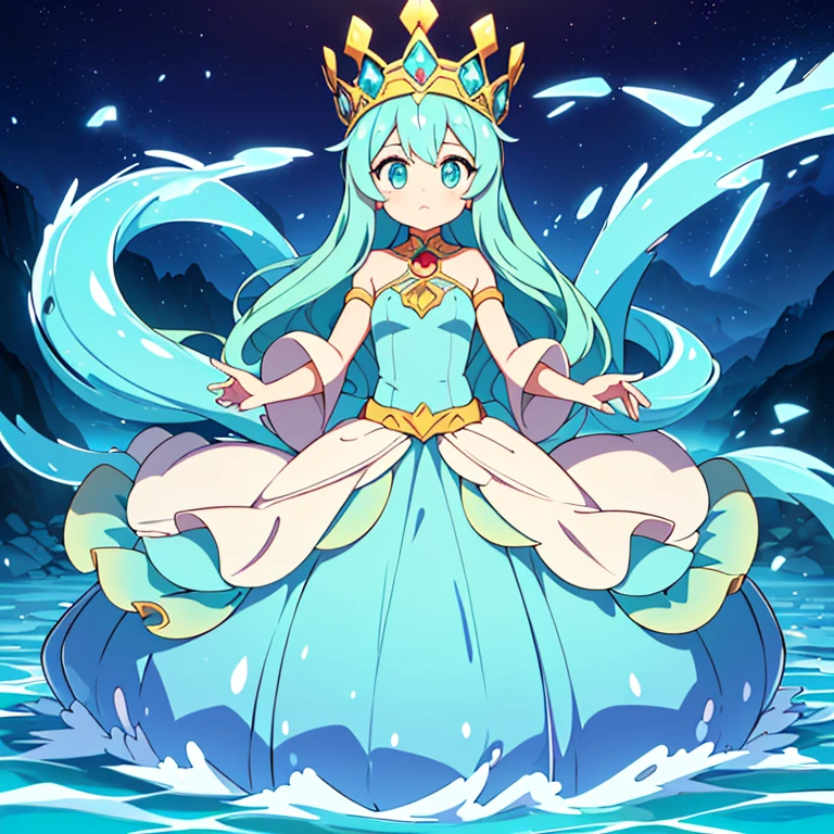 (: Siroccoqua is a regal and mystical Pokémon that commands both the powers of water and the harsh environment of the desert. Its appearance is both elegant and resilient, with a slender, serpentine body covered in shimmering scales that shift between shades of deep turquoise and sandy beige. Siroccoqua's eyes are captivating whirlpools of aquamarine, reflecting its dual nature as a guardian of both water and desert realms. Adorning its head is a majestic crown-like crest that glows softly with a subtle, calming light.) Full body, beautiful eyes , 1 girl , full body , cute girl , anime style , cute eyes , princess , (ball gown) , cute eyes , (queen) , hidden legs , crown