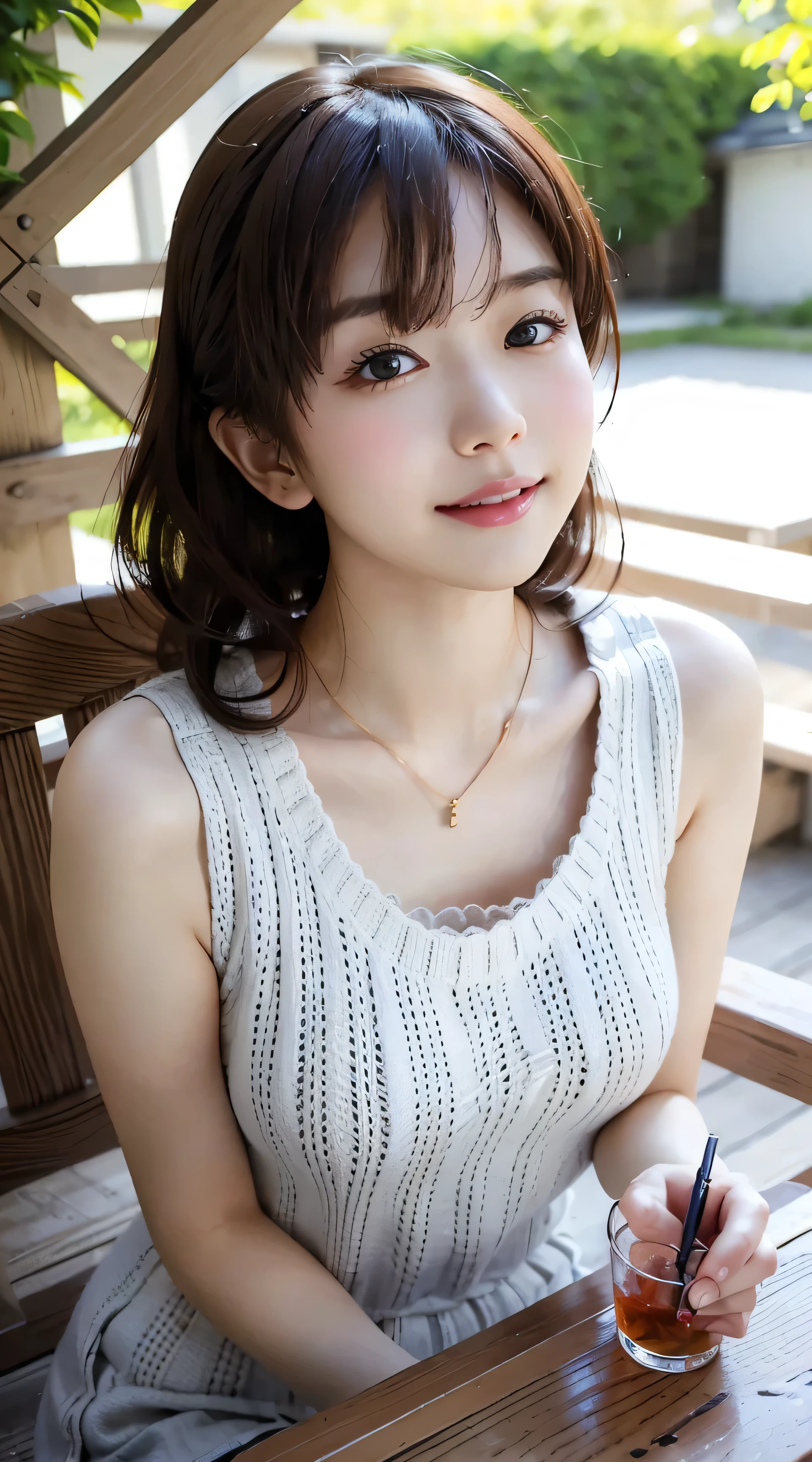 masutepiece, Best Quality, Photorealsitic, finely detail, hight resolution, 8K Wallpapers, Perfect dynamic composition, Beautiful detailed eyes, large full breasts, Random and sexy poses,Bring your chest together、(Very Small Size Mock Neck Crop Tank Top White Knitwear)、(Breast bulge 1.2)、A smile、open open mouth、Resort scenery、20years old、(Drooping eyes 1.4)、Adult beauty、japanese