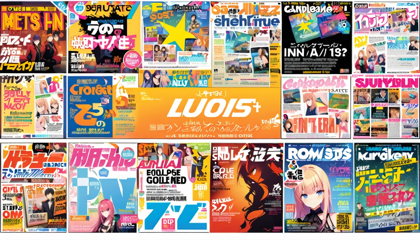a grid of magazine covers, side-text, logos, headlines, colorful combinations, logos etc. 