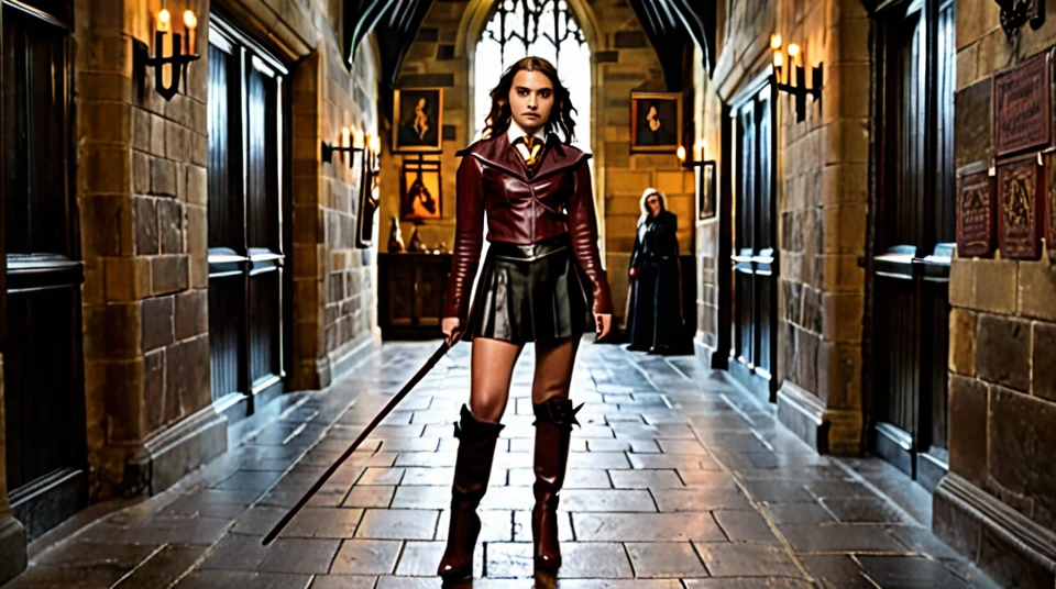 Young woman stands in griffindor leather outfit with a whip in a corridor of Hogwarts