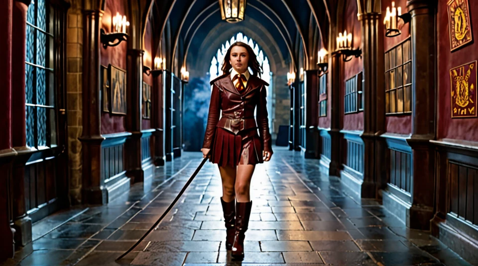Young woman stands in griffindor leather outfit with a whip in a corridor of Hogwarts