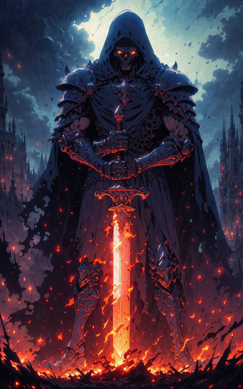 A skeleton knight holding a sword in a castle, Symbolism, retro anime, textured (best quality, ultra-detailed, realistic:1.37), vibrant colors, dramatic lighting, moody atmosphere, towering gothic architecture, swirling mist, intricate engravings, weathered stone walls, mystical aura, intense gaze, epic battle scene, mystical runes, glowing eyes, haunting shadows, ethereal glow, ancient tapestries, mysterious symbols, dark and foreboding skies, dramatic perspective, hero's stance, cinematic composition, dynamic motion, sword glinting, thunderous storm, hauntingly beautiful, enchanted atmosphere, surreal elements, mystical creatures, otherworldly presence.
