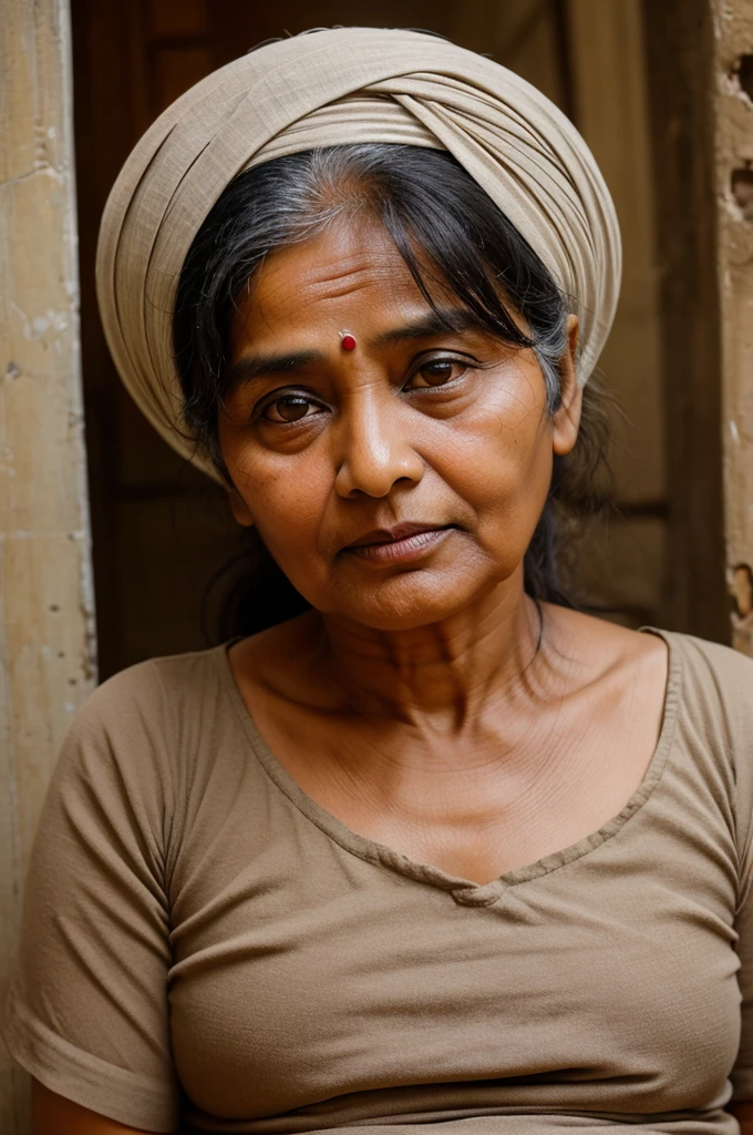 An old indian lady,47 years old,small eyes,plump and dad body,small fleshy nose,thin lips,round face,obese and innocent look