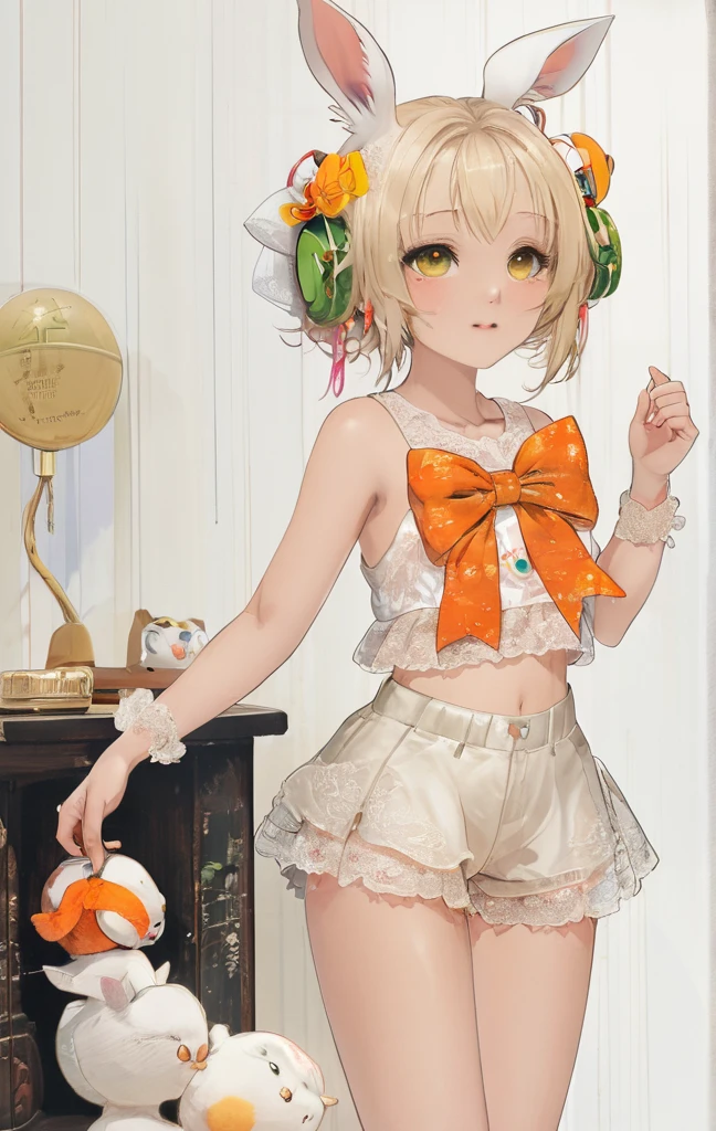 1girl, animal ears, bangs, bare shoulders, blonde hair, blush, bow, breasts, white cleavage, cropped torso, , green eyes, hair ribbon, heterochromia, holding,looking at viewer, open mouth, orange bow, orange eyes, orange ribbon, rabbit ears, ribbon, solo, stuffed animal, stuffed bunny, stuffed toy, twintails, upper body, full-length, white legbands, white shoes with lace and white bows, white background, wrist cuffs, yellow eyes, bloomers, close-up, fair skin frills, lace, midriff, skirt, solo, , white background,shorts, white top with ribbon and lace and trousers,trousers, genshin,white slippers with a bow,All clothes are white, laceAt full height, it stands