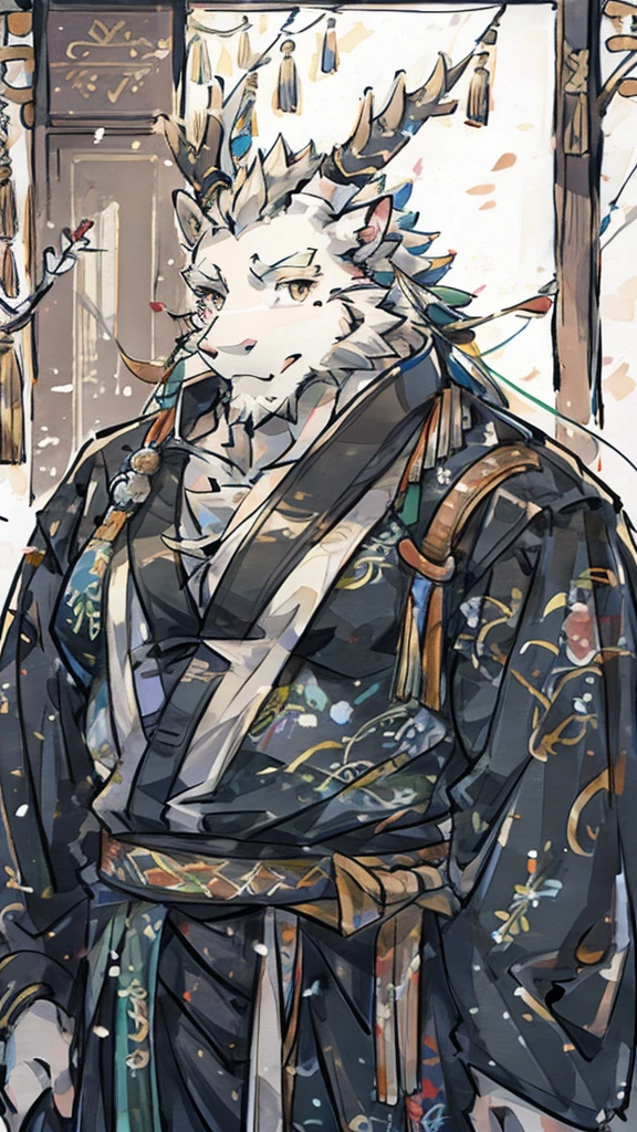 (white eastern dragon),furry,white mustache,big pecs,hearty males,muscular,black imperial robe,naked,adult,traditional_chinese_room,head portrait