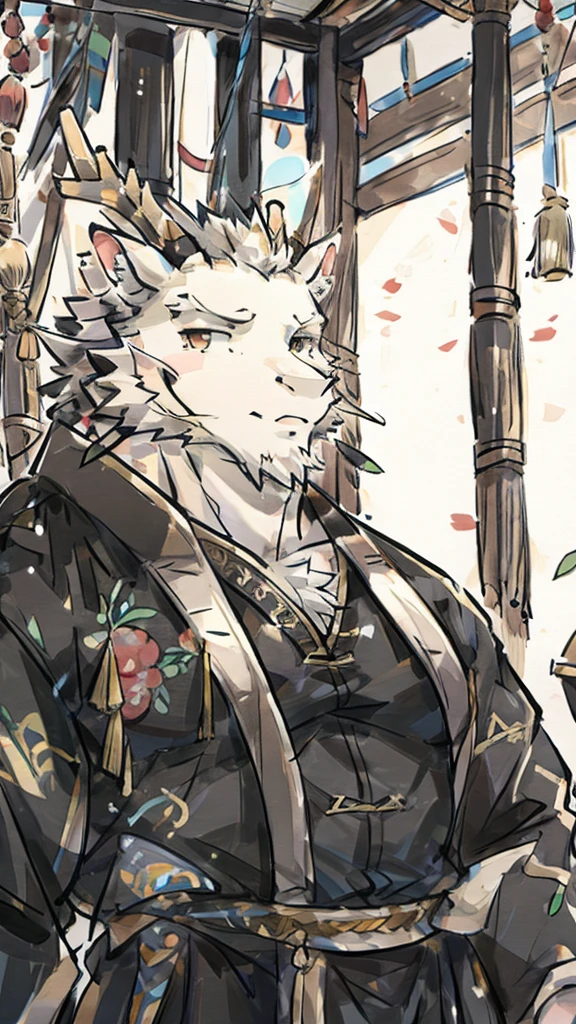 (white eastern dragon),furry,white mustache,big pecs,hearty males,muscular,black imperial robe,naked,adult,traditional_chinese_room,head portrait