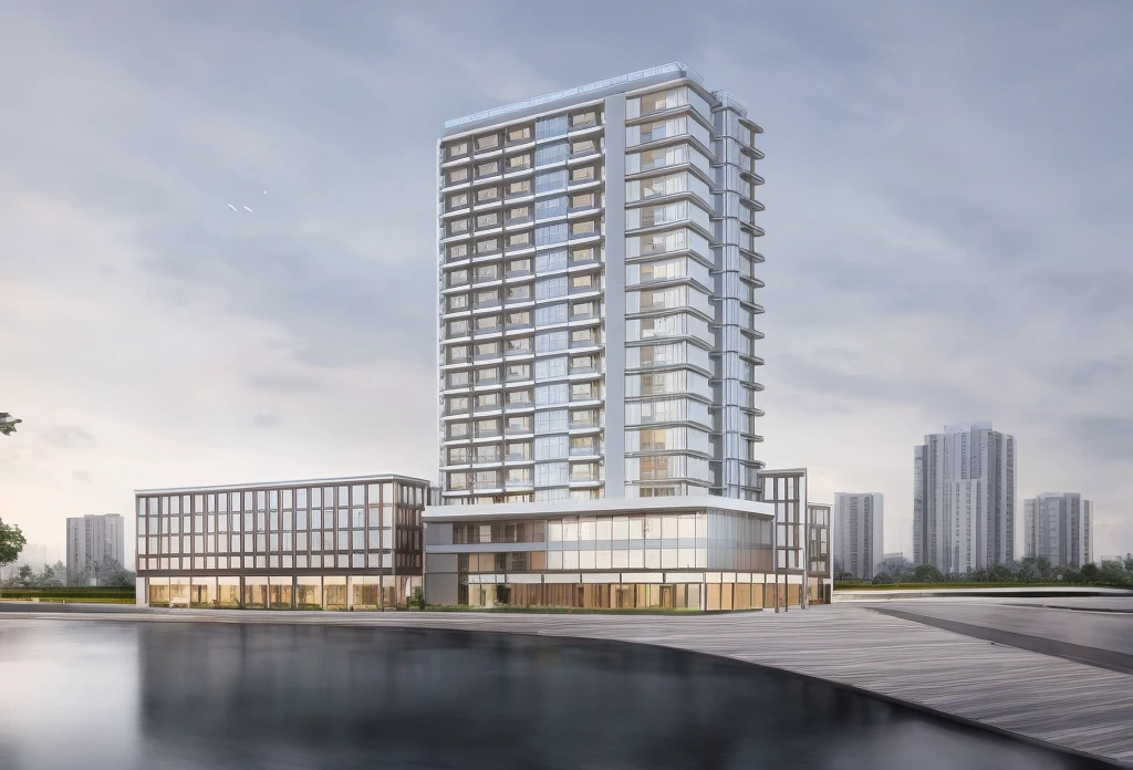 (masterpiece, best quality:1.2), rendering of a modern office building with a large sign on the top, (landscape), (city) , shophouse, modern lush condo as shopfront, Pond in front of the house,wide angle exterior 2022, photo from 2022, full building, architectural rendering, mantra rendering, precise architectural rendering, residential, full - view, realistic building, realistic architecture