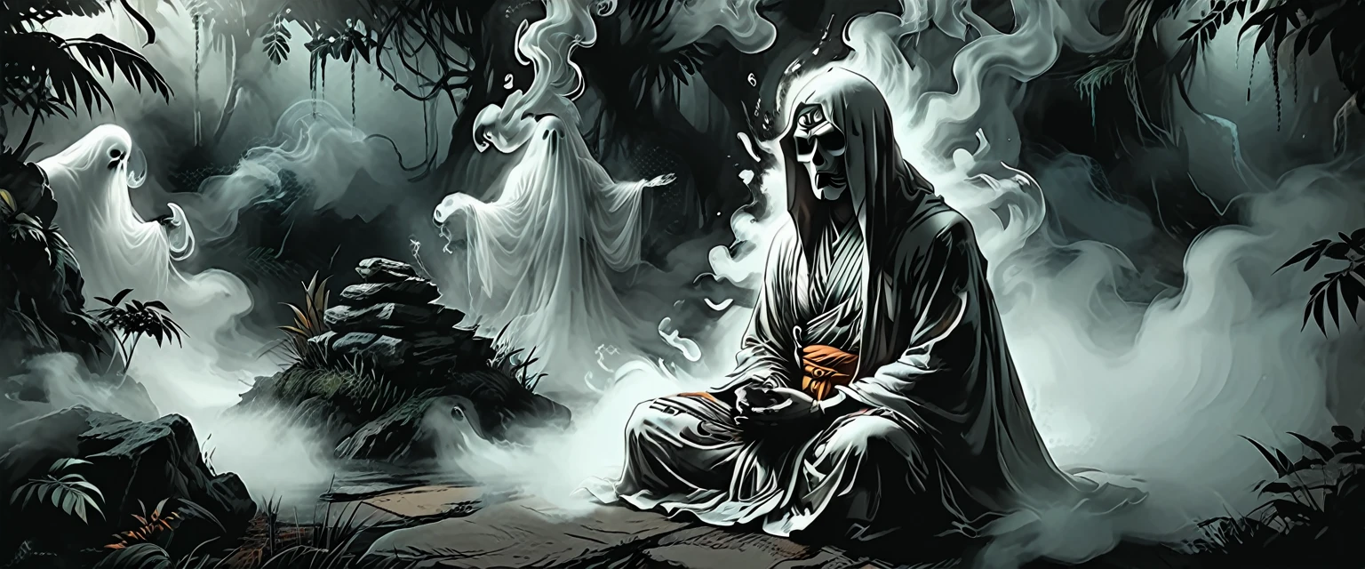  ghost on his knees praying of Buddhist monk, many ghosts on background, without faces, shadows, night, jungle, smoke, fog, opened mouth, graphic style of novel comics, 2d, 8k, hyperrealism, masterpiece, high resolution, best quality, ultra-detailed, super realistic, Hyperrealistic art, high-quality, ultra high res, highest detailed, lot of details, Extremely high-resolution details, incredibly lifelike, colourful, soft cinematic light,