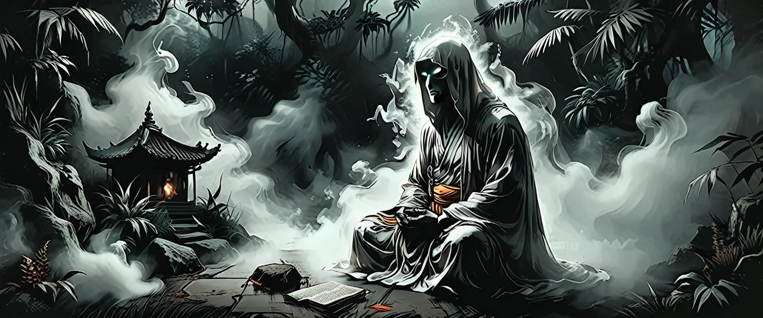 ghost on his knees praying of Buddhist monk, many ghosts on background, without faces, shadows, night, jungle, smoke, fog, opened mouth, graphic style of novel comics, 2d, 8k, hyperrealism, masterpiece, high resolution, best quality, ultra-detailed, super realistic, Hyperrealistic art, high-quality, ultra high res, highest detailed, lot of details, Extremely high-resolution details, incredibly lifelike, colourful, soft cinematic light,