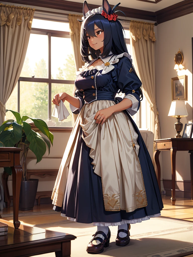 (​masterpiece、top-quality、hight resolution、Unity 8k Wallpaper、extremely details CG:1), An illustration depicting a typical day in a wealthy aristocratic mansion, featuring a young elementary school-aged girl and her devoted nursemaid, who has now become her personal maid. The young lady is dressed in an elegant, classic aristocratic outfit, reflecting her privileged upbringing. The nursemaid-turned-maid is dressed in a traditional maid uniform, appearing both nurturing and professional. They are seen engaging in everyday activities within the opulent surroundings of the mansion, such as the grand living room with luxurious furnishings, large windows with heavy drapes, and a lavish garden visible outside. The scene captures the close bond and care between the young girl and her maid in a sophisticated yet warm atmosphere. Hishi Amazon (umamusume)