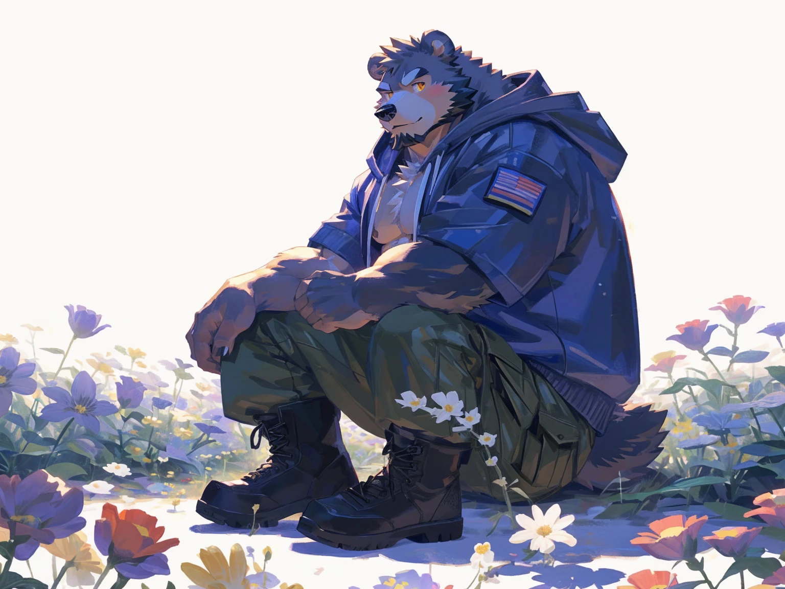 (masterpiece:1.2), best quality,pixiv,official art,perfect anatomy, (Ray tracing, light),solo, (1_male:1.3) , (muscle), (grey fur:1.4), (muscle bear), (beard:1.2), (gleaming golden eyes), bear tail, Thick black eyebrows, (open hoodie :1.3) , (naked inside:1.2), cargo pants,boots, portrait , (white background:1.3) , (flowers around:1.3)