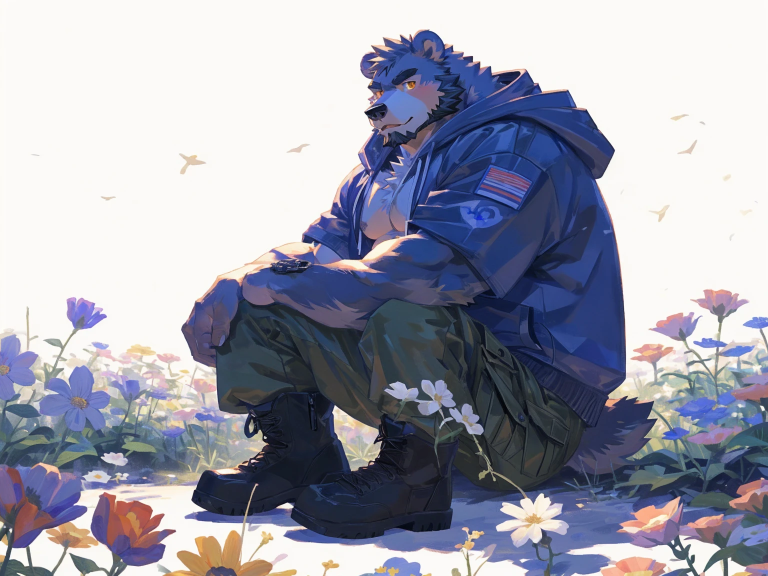 (masterpiece:1.2), best quality,pixiv,official art,perfect anatomy, (Ray tracing, light),solo, (1_male:1.3) , (muscle), (grey fur:1.4), (muscle bear), (beard:1.2), (gleaming golden eyes), bear tail, Thick black eyebrows, (open hoodie :1.3) , (naked inside:1.2), cargo pants,boots, portrait , (white background:1.3) , (flowers around:1.3)