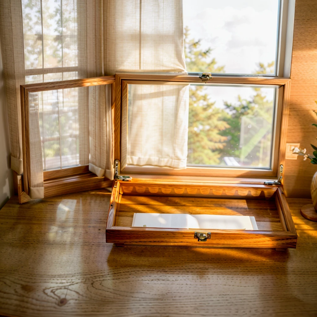 
In this cozy room，A ray of sunlight shone on the table through the half-drawn curtains，Let the wood grain on the watch storage case shine with a faint sheen。There is a calm and serene atmosphere in the surrounding air。Several still lifes hang on the walls of the room，It adds a touch of elegance to the space。And on the other side of the room，A half-open window lets the breeze blow in，The pages on the small desk by the window flipped in the wind，This quiet scene gives a sense of tranquility and comfort。