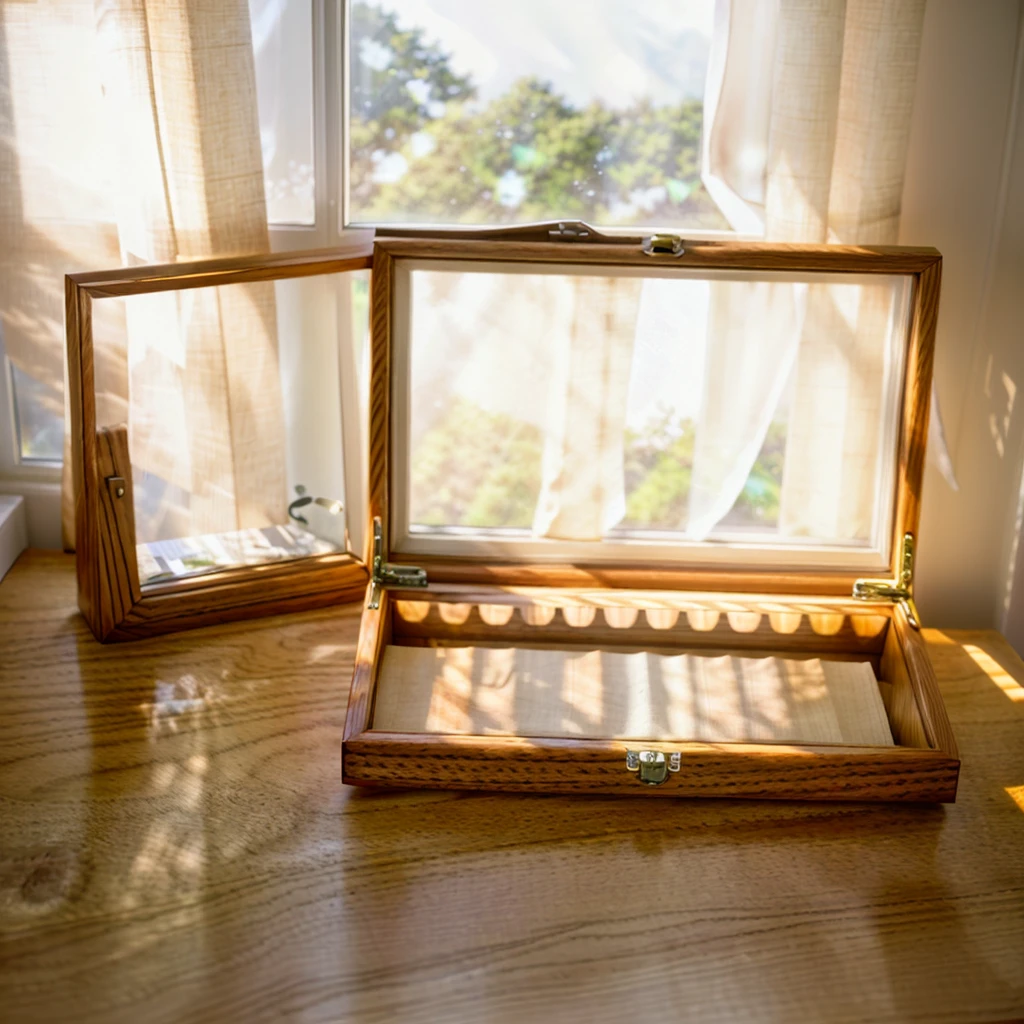 In this cozy room,A ray of sunlight shone on the table through the half-drawn curtains,Let the wood grain on the watch storage case shine with a faint sheen。There is a calm and serene atmosphere in the surrounding air。Several still lifes hang on the walls of the room,It adds a touch of elegance to the space。And on the other side of the room,A half-open window lets the breeze blow in,The pages on the small desk by the window flipped in the wind,This quiet scene gives a sense of tranquility and comfort。