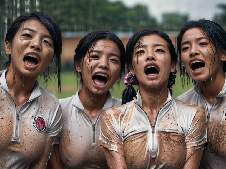 (A plain white short sleeved dirt stained field hockey uniform with a very tight white half zip:1.7)、(A large, dirt-stained, white, square collar: 1.6)、(Red clay ground:1.5)、My hair is wet and messy、(Beautiful Japanese woman covered in dirt:2.0)、Highest quality, masterpiece, Ultra-high resolution, Photorealistic, Raw Photos,Detailed face,(Muscular woman:2.4), (Fastener open: 1.8), (Upper body zoom up:1.0),(Everyone wears the same clothes:1.0), All members are super beauties, (Three beautiful Japanese women standing in a row facing the camera: 1.5), (Hair tied up: 1.4), (Shouting loudly:1.8), Bright photo, (My whole body is drenched in rain: 1.7)