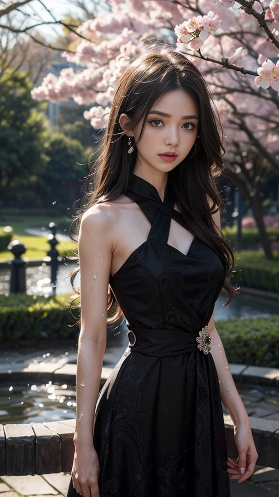 4k, ultra hd, masterpiece, 1 girl, serious face, detailed eyes, very long hair, (flare dress:1.5), (black flare dress:1.5), paisley print, (jwellery:1.5), bere waist, in the garden, cherry blossom, rain:1.5, (water:1.5),