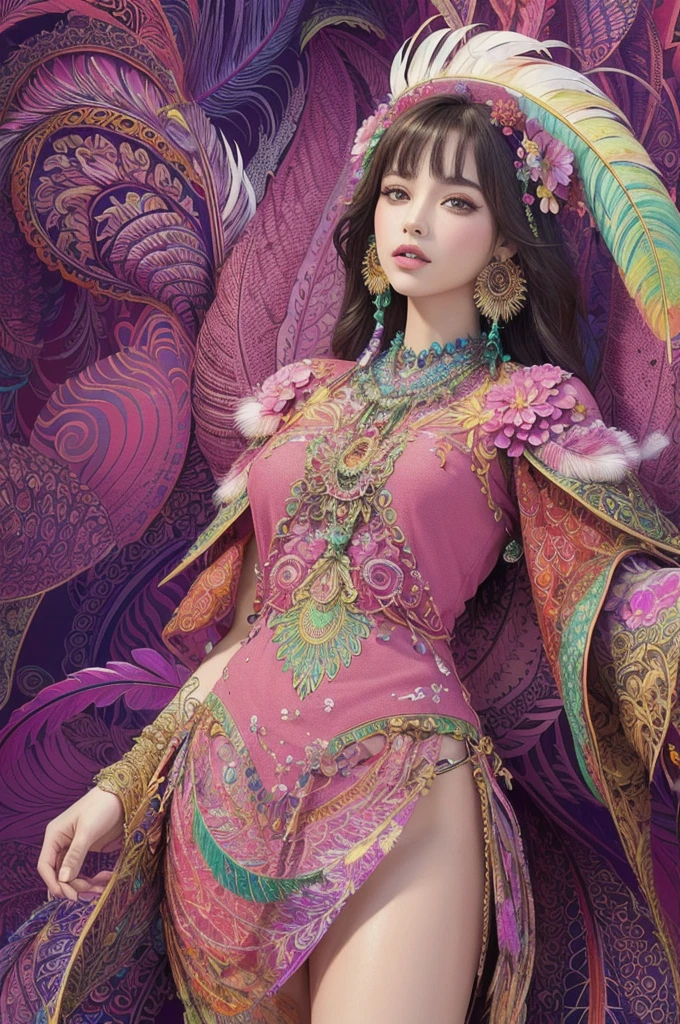 (masterpiece, top quality, best quality, official art, beautiful and aesthetic:1.2), (1girl:1.3), extremely detailed,(fractal art:1.1),(colorful:1.1)(flowers:1.3),highest detailed,(zentangle:1.2), full body, (abstract background:1.3), (shiny skin), (many colors:1.4), ,(earrings), (feathers:1.5),