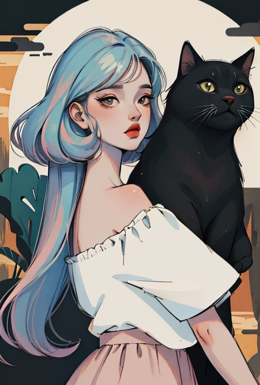 (Best quality,4K,8K,high resolution,masterpiece:1.2),Extremely detailed,Anime portrait,retro doodle,Cat,Shoulder，skirt，comic line art,Low saturation,Pastel,Retro Style,Stylized Lighting