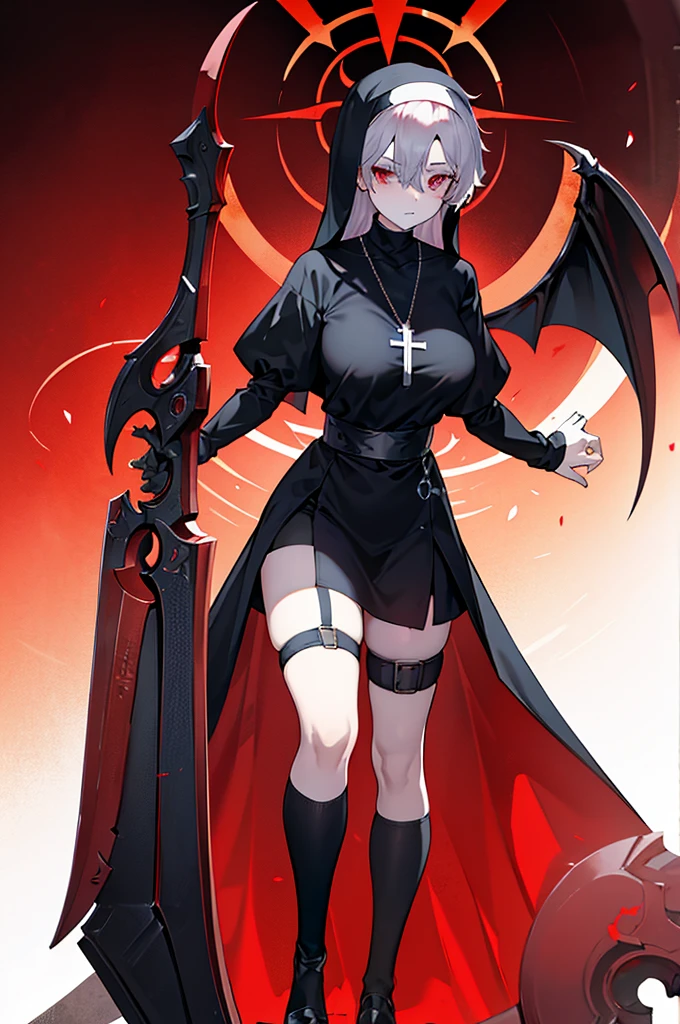 avenger,large breast,The chest area is exposed,Eye color is scarlet,garter,big Scythe,Catholic nun,Cross Necklace,hair over one eye,Knee socks,Hair color is golden,Devilish,Church Background, high Quality,best quality,Uninhabited