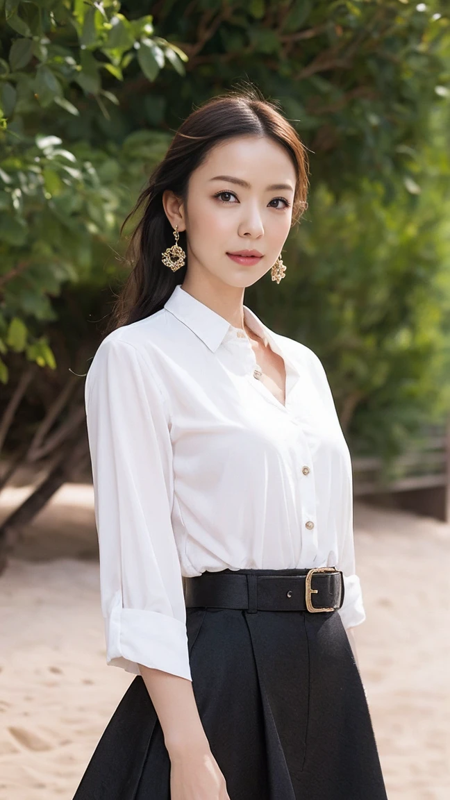Woman walking on the beach at sunset, Depth of Field, Soft orange light illuminates a woman, ((thick body)), Textured Skin, People, Length of hair, Nostalgic and fresh atmosphere, worried expression, A woman standing, Light makeup, Clear drawing, Attractive woman, Flowing contours, A woman wearing a shirt and a dark tight skirt, Symmetrical shirt, Tight skirt and thin belt, Elegant materials and design, Small earrings, Small bracelet, Exquisite style
