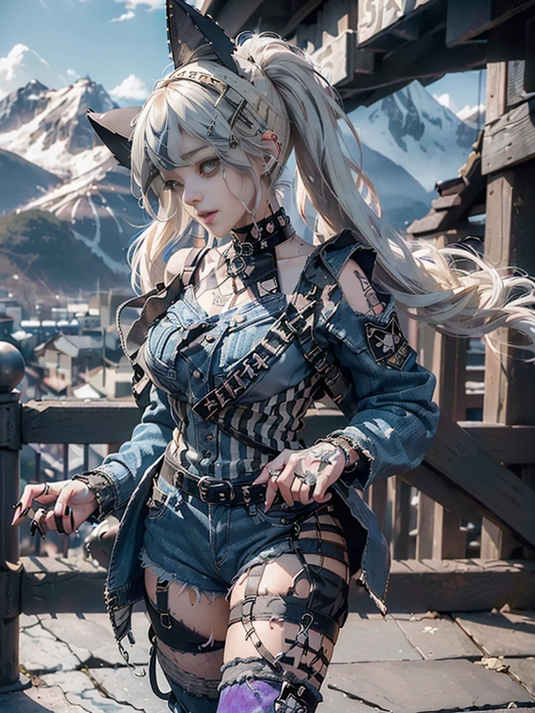 (Full Body View:1.3)、(Beautiful lips and nose:1.4)、(Long eyelashes:1.4)、(Side view:1.1)、(Smiling with teeth showing:1.3),(Shibuya Gal:1.5)、(Gothic Lolita delicately decorated dress:1.5)、(Tattered denim and black punk rock cargo pants:1.5)、(Denim and black navy skull mark small jacket:1.4)、(denim garter belt:1.5)、(Black and denim knee socks:1.3)、(Skull Silver Accessories:1.5)、(Denim collar:1.3)、(Brown Skin Belt:1.4)、(Brown boots:1.2)、(The underwear is striped:1.4)、31 years old、((Highest quality、In 8K、masterpiece:1.3))、Sharp focus:1.2、(Layered Cut、Huge boobs:1.1),Beautiful woman with perfect figure:1.4、(Dancing vigorously:1.3)、Slender Abs:1.2、Highly detailed face and skin texture、Detailed eyes、double eyelid,(Twin tails:1.3)、(Cream colored hair:1.3)、Gravure idol、(The background is a vast mountain with a clear view々Beautiful luxury resort destination in Europe:1.3)、(Slim body:1.2),(Make your legs thinner:1.4),(clavicle:1.1)