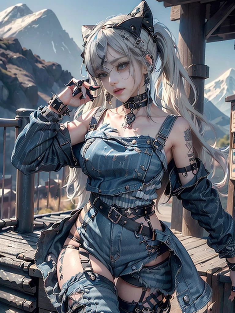 (Full Body View:1.3)、(Beautiful lips and nose:1.4)、(Long eyelashes:1.4)、(Side view:1.1)、(Smiling with teeth showing:1.3),(Shibuya Gal:1.5)、(Gothic ta delicately decorated dress:1.5)、(Tattered denim and black punk rock cargo pants:1.5)、(Denim and black navy skull mark small jacket:1.4)、(denim garter belt:1.5)、(Black and denim knee socks:1.3)、(Skull Silver Accessories:1.5)、(Denim collar:1.3)、(Brown Skin Belt:1.4)、(Brown boots:1.2)、(The underwear is striped:1.4)、31 years old、((Highest quality、In 8K、masterpiece:1.3))、Sharp focus:1.2、(Layered Cut、Huge boobs:1.1),Beautiful woman with perfect figure:1.4、(Dancing vigorously:1.3)、Slender Abs:1.2、Highly detailed face and skin texture、Detailed eyes、double eyelid,(Twin tails:1.3)、(Cream colored hair:1.3)、Gravure idol、(The background is a vast mountain with a clear view々Beautiful luxury resort destination in Europe:1.3)、(Slim body:1.2),(Make your legs thinner:1.4),(clavicle:1.1)