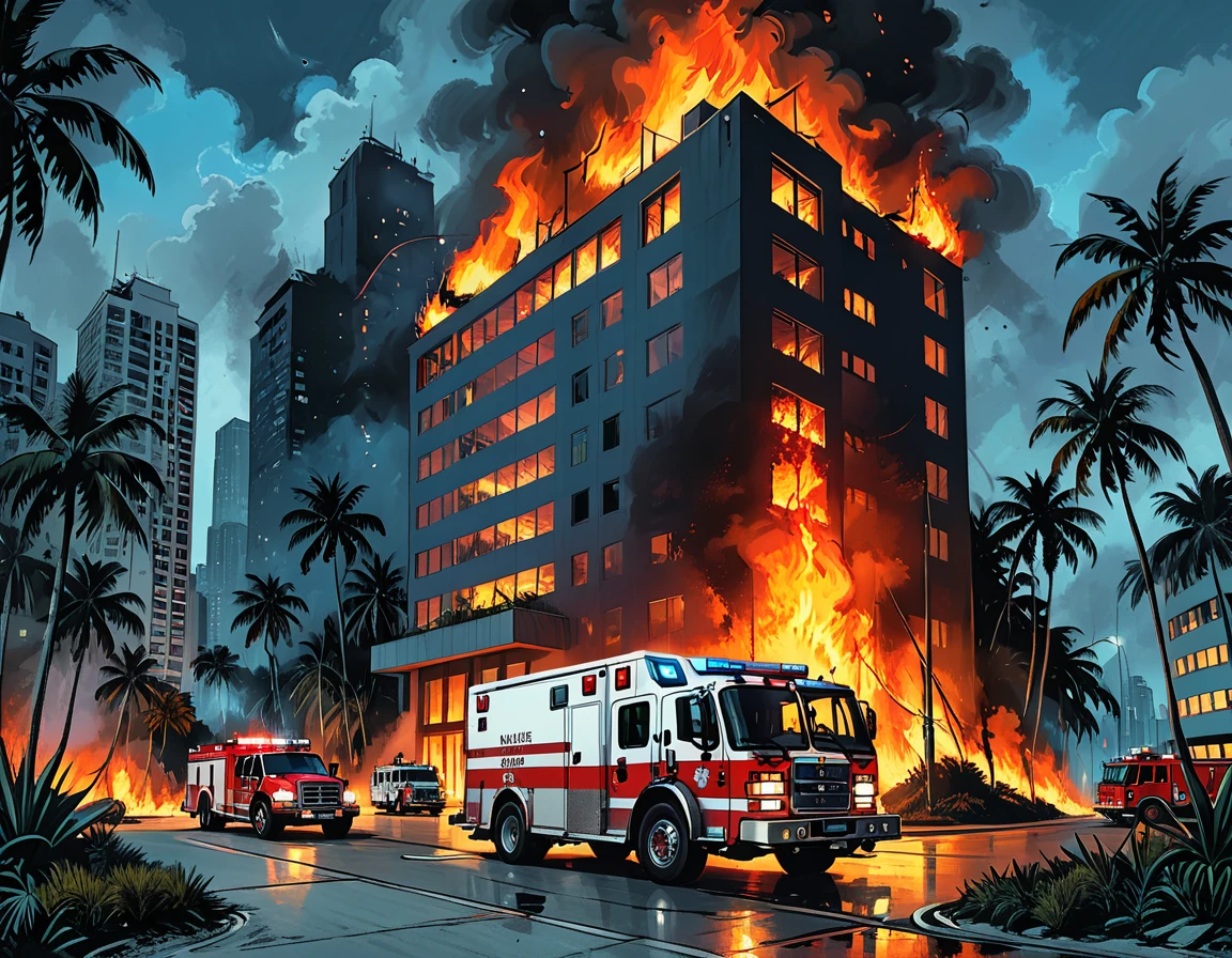 night, ambulance against the background of a skyscraper fire, ambulance and fire truck with firefighters, jungle, burning skyscraper, fire, palm trees, island, view from a drone,graphic style of novel comics, 2d, 8k, hyperrealism, masterpiece, high resolution, best quality, ultra-detailed, super realistic, Hyperrealistic art, high-quality, ultra high res, highest detailed, lot of details, Extremely high-resolution details, incredibly lifelike, colourful, soft cinematic light,