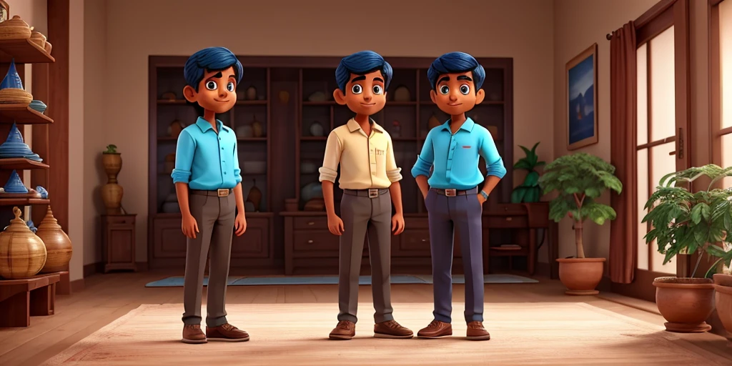 Show Mohan and Sohan standing in the showroom and talking. Mohan's face should be full of admiration and enthusiasm, and he should be encouraging Sohan.8k