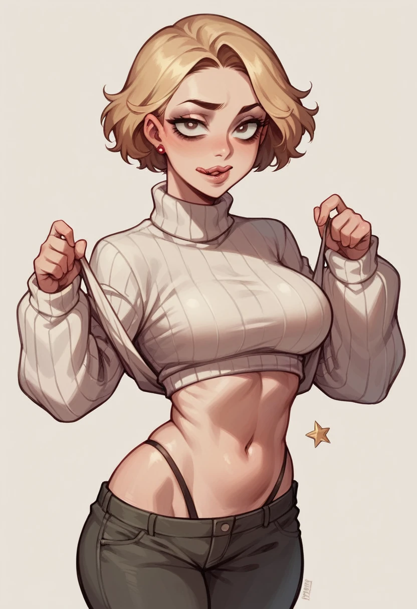 1girl, breasts, freckles, sweater, nipples, solo, nipple_piercing, underwear, glasses, turtleneck, panties, blue_eyes, highleg_panties, red_hair, sweater_lift, navel, short_hair, highleg, large_breasts, orange_sweater, no_bra, piercing, turtleneck_sweater, clothes_lift, red_panties, blue_background, open_mouth, black-framed_eyewear, looking_down, lips, bangs, ribbed_sweater, nipple_bar, adjusting_eyewear, looking_at_viewer, wide_hips, long_sleeves, artist_name, curvy, blush