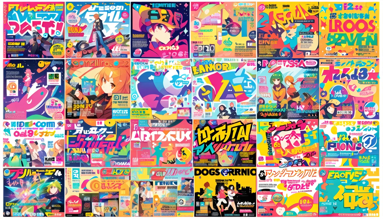 a grid of 2 x 2 magazine covers, side-text, logos, headlines, colorful combinations, logos etc.