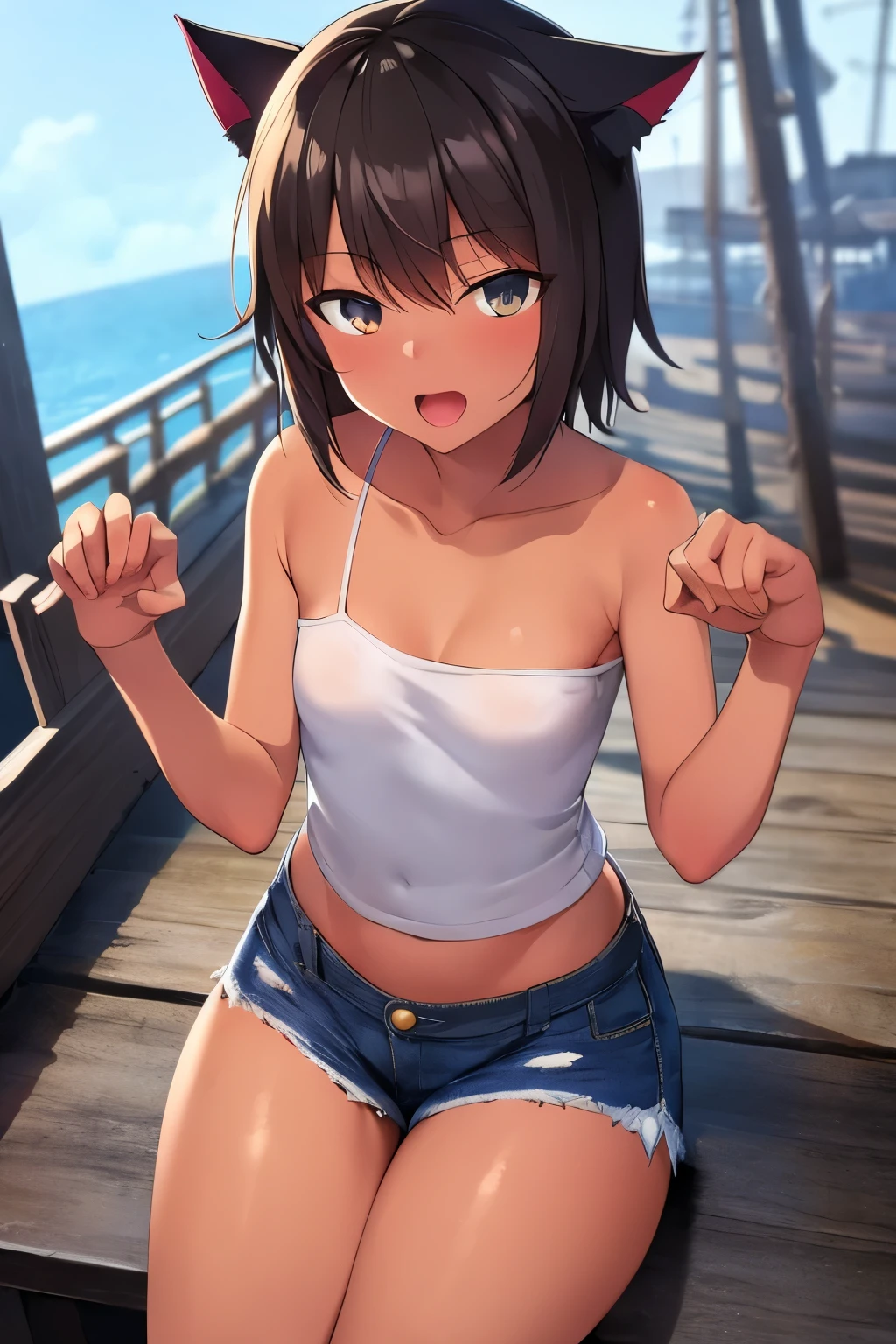 ((masterpiece)), (anime:1.3), ((Highest quality)), (RAW Photos:1.2), (Professional photography:1.3), (High resolution), (), 8K, Cinema Lighting, Disheveled Hair, (Exposed small breasts), Denim hot pants,(Shiny amber hair), (Healthy dark skin),A badly tattered and torn camisole, (Dirty oversized white camisole), Slim and small breasts, (PAW Pose), (Open your mouth), Textured skin, Cat ear, Light brown hair, Cute beautiful girl, break, ((Highest quality)), (Sitting at the end of an old pier), Slums,