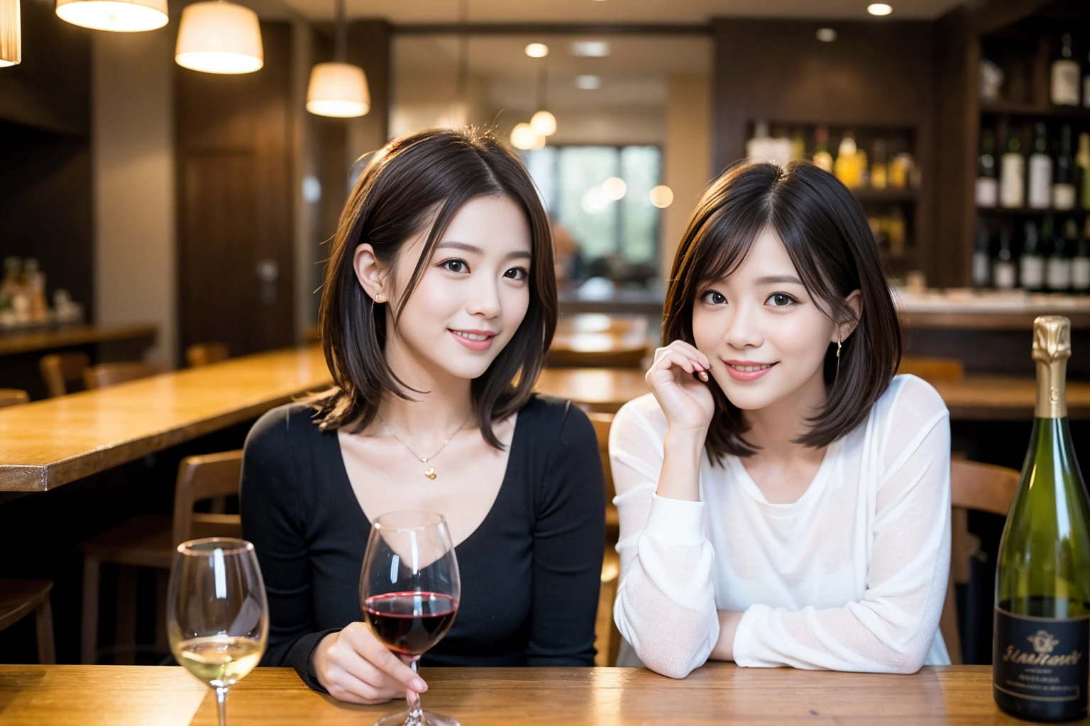 ((Highest quality、8K、masterpiece:1.3))、1 male、1 woman who resembles Satomi Ishihara、Couple、spouse、Couple、The body is slim、((Bob Hale、Straight hair:1.2)), (Realistic, Intricate details:1.2), テーブルの上のwine glass、Shine light on your face、 Amazing view of the sunset sky and clouds、Amazing mountain views、A bright smile、The wonderfulness of smile、Bright image、The beauty of wine, Beautiful Face, blue eyes, The light shines on your face, Blushing, short hair,Bright Face、42 years old), 39 years old, red wine 、Appetizers、Italian food、Wine bottle、Champagne、sparkling wine、Two beauties、Brown Hair、Shortcuts、Long sleeve shirt、dress、Beautiful woman 1, (slimな顔), (The body is slim), (Brown Hair), (Shortcuts), cheeks turn a little red,Attractive beauty、restaurant, In a prominent place (From the waist up) Nova Frog Style, actress, model, Upper Body, White wine, slim, wine glass, 中央に置かれたwine glass, smile, (smile: 1.15), Beautiful fine grain, Depth f/2,saturation, High Contrast, Strong light and shadow,Moist Body:1.5、3D texture、Delicate eyes、Brown Hair、The hair is very shiny、