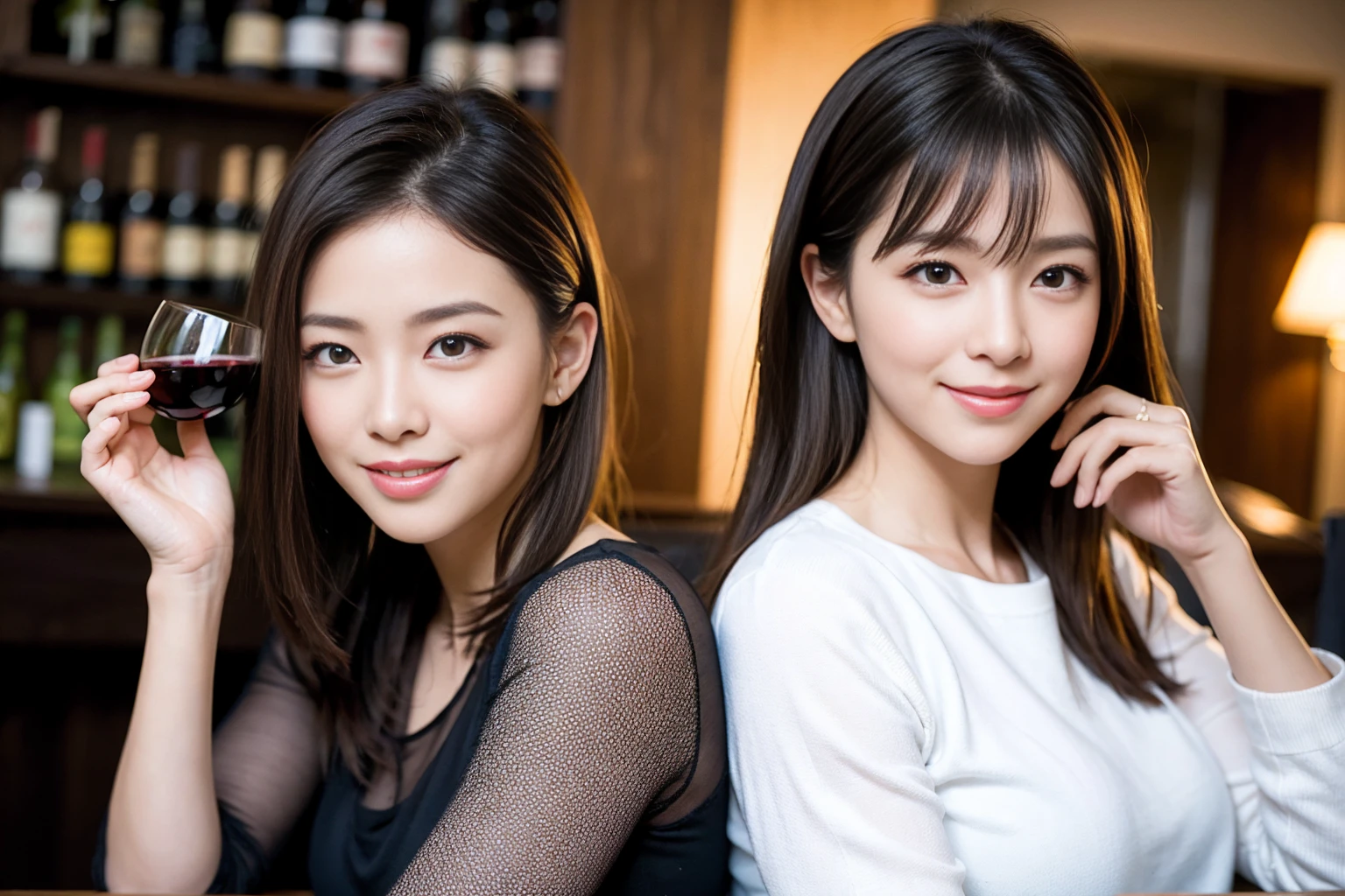 ((Highest quality、8K、masterpiece:1.3))、1 male、1 woman who resembles Satomi Ishihara、Couple、spouse、Couple、The body is slim、((Bob Hale、Straight hair:1.2)), (Realistic, Intricate details:1.2), テーブルの上のwine glass、Shine light on your face、 Amazing view of the sunset sky and clouds、Amazing mountain views、A bright smile、The wonderfulness of smile、Bright image、The beauty of wine, Beautiful Face, blue eyes, The light shines on your face, Blushing, short hair,Bright Face、42 years old), 39 years old, red wine 、Appetizers、Italian food、Wine bottle、Champagne、sparkling wine、Two beauties、Brown Hair、Shortcuts、Long sleeve shirt、dress、Beautiful woman 1, (slimな顔), (The body is slim), (Brown Hair), (Shortcuts), cheeks turn a little red,Attractive beauty、restaurant, In a prominent place (From the waist up) Nova Frog Style, actress, model, Upper Body, White wine, slim, wine glass, 中央に置かれたwine glass, smile, (smile: 1.15), Beautiful fine grain, Depth f/2,saturation, High Contrast, Strong light and shadow,Moist Body:1.5、3D texture、Delicate eyes、Brown Hair、The hair is very shiny、