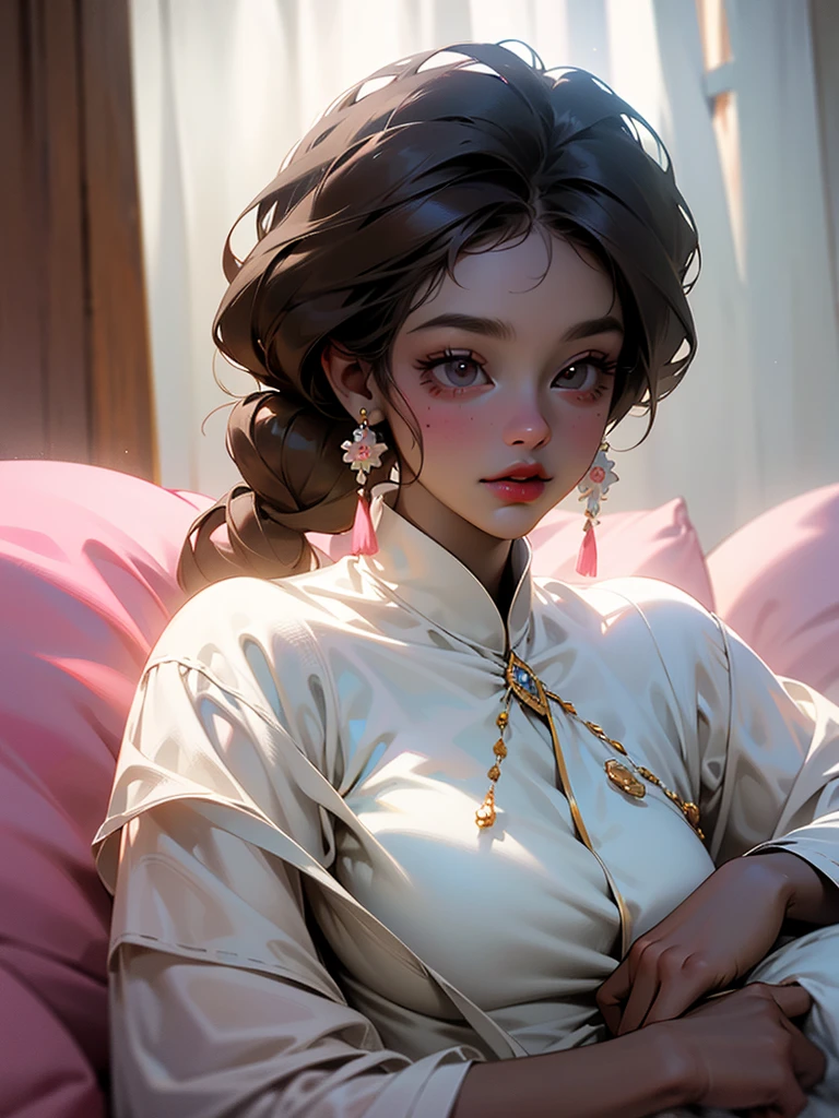 Hyper-realistic art >a young plus size model, chocolate brown skin with macro-defined texture, long Rastafari hair, poses lying on the bed. In the background there is a window with a translucent silk curtain that extends and covers the bed. Straight and curved angular strokes (edges that define the shapes).Rendered texture.Colors, light gray-pink, pearl white and neutral gray, interspersed < Hyper-realistic art