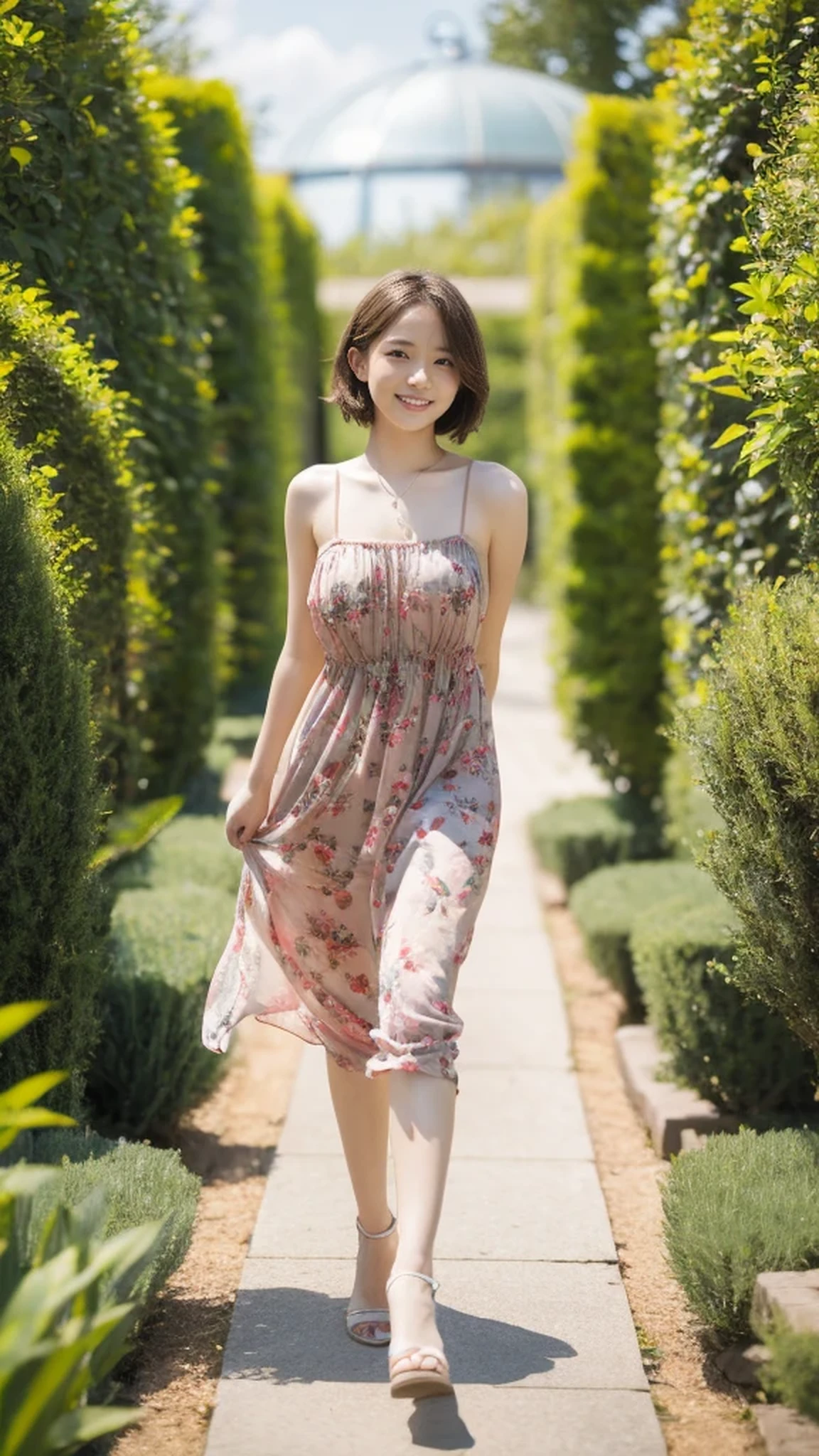 masterpiece, highest quality, disorganized, perfect anatomy, 1 girl, alone, pascal tales, short hair, beautiful, Hilarious, sunny day, botanical garden, Summer winds, sundress, Floral, wavy hair, smile