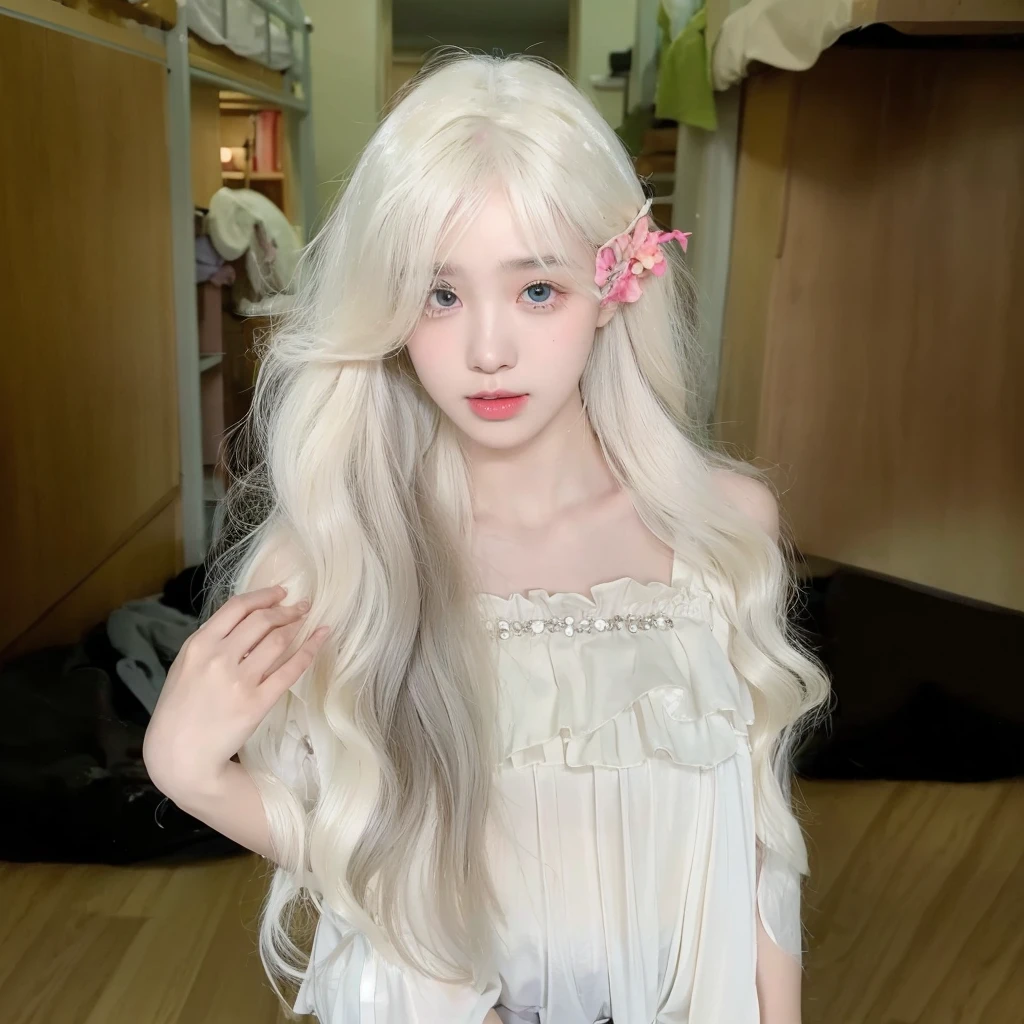 Middle-parted bangs,Creamy Platinum Long Curly Hair,Background dormitory is simple, clean and tidy,Natural and beautiful hair