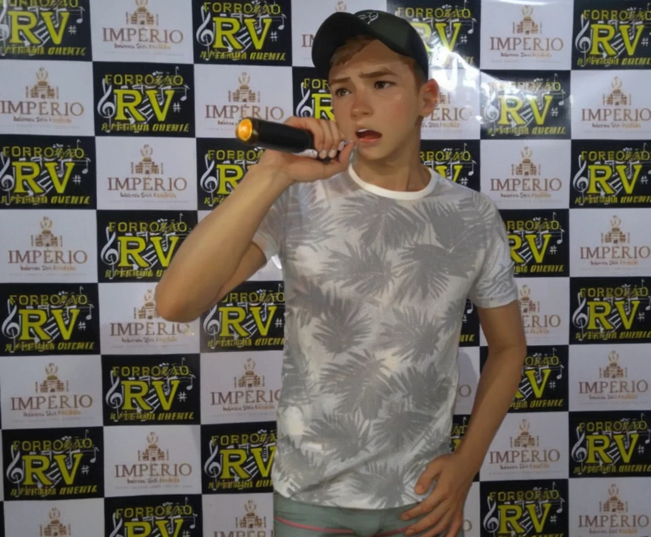 BOY SINGING WITH MICROPHONE IN HAND, blond, USING BONER, white shirt and black pants.