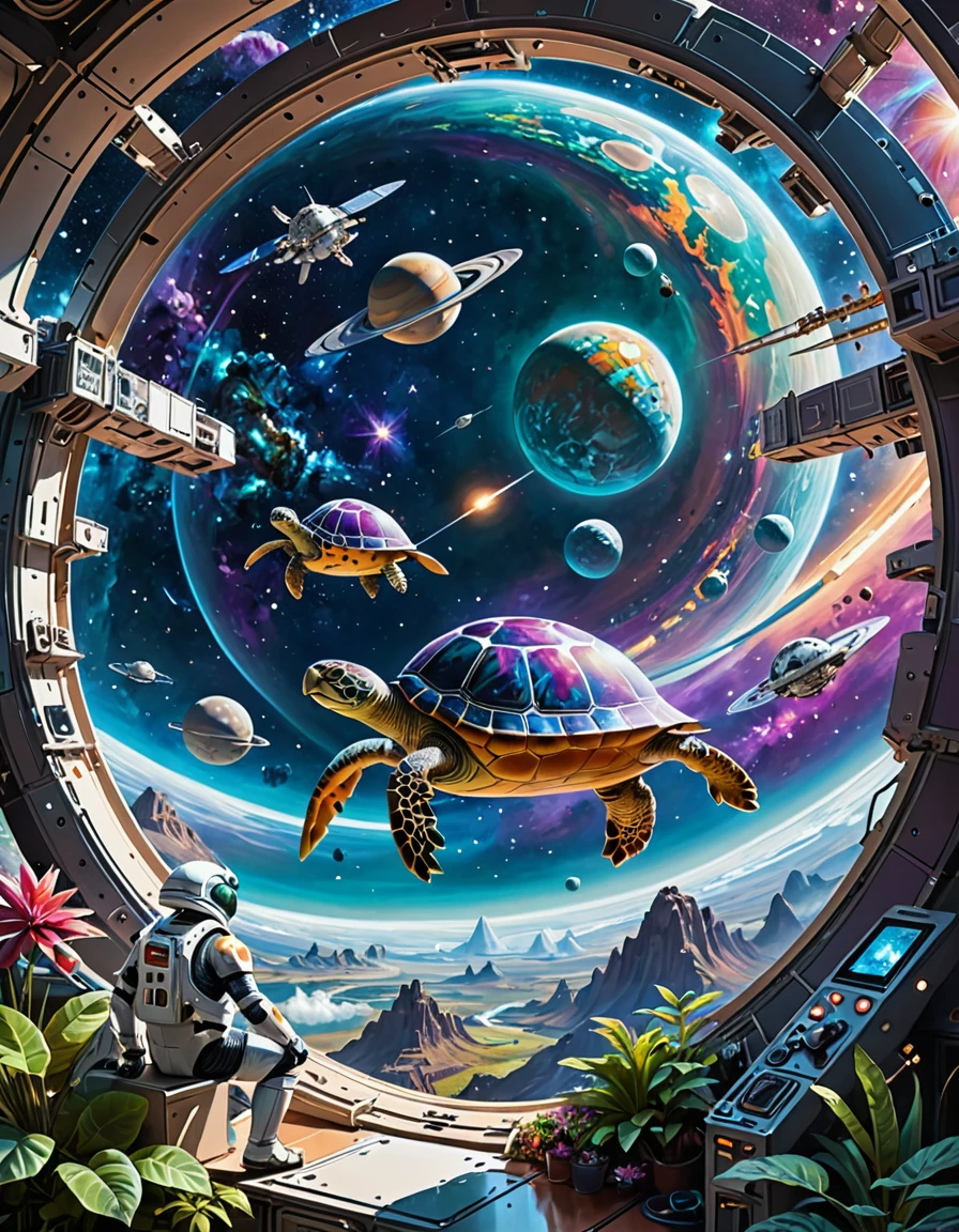 Create an Artwork, The whimsical fantasy art piece portrays a scene of a grand turtle space station orbiting a vibrant, alien planet. The painting style is fantasy with bright colors, meticulous details, and a futuristic charm. The space station, resembling a colossal turtle with mechanical appendages and glowing sections, is centrally positioned, floating gracefully above the planet. Turtles in futuristic space suits are seen through the transparent domes, engaged in various activities like operating controls, gardening in zero-gravity, and observing the planet below. The foreground is rich with detailed spacecraft and floating satellites. In the midground, the vibrant planet below with its rings and multi-colored surface adds a sense of scale and wonder. The background features a stunning view of the cosmos with nebulae and distant stars. The color palette is vivid with blues, purples, and golds, creating a vibrant and dynamic scene. The lighting is bright and crisp, emanating from the space station and celestial bodies, enhancing the futuristic and whimsical feel. The emotional tone is adventurous and imaginative, inviting viewers to explore this turtle space utopia.