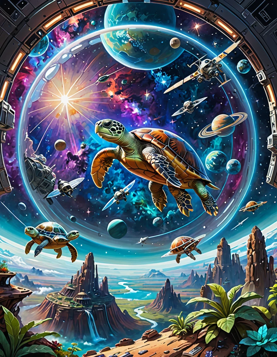 Create an Artwork, The whimsical fantasy art piece portrays a scene of a grand turtle space station orbiting a vibrant, alien planet. The painting style is fantasy with bright colors, meticulous details, and a futuristic charm. The space station, resembling a colossal turtle with mechanical appendages and glowing sections, is centrally positioned, floating gracefully above the planet. Turtles in futuristic space suits are seen through the transparent domes, engaged in various activities like operating controls, gardening in zero-gravity, and observing the planet below. The foreground is rich with detailed spacecraft and floating satellites. In the midground, the vibrant planet below with its rings and multi-colored surface adds a sense of scale and wonder. The background features a stunning view of the cosmos with nebulae and distant stars. The color palette is vivid with blues, purples, and golds, creating a vibrant and dynamic scene. The lighting is bright and crisp, emanating from the space station and celestial bodies, enhancing the futuristic and whimsical feel. The emotional tone is adventurous and imaginative, inviting viewers to explore this turtle space utopia. 