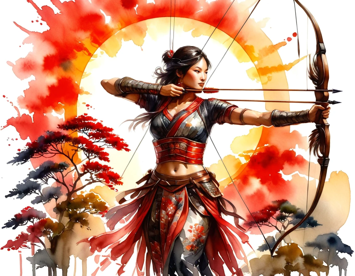 a Japanese watercolor illustration (using Black, white and red colors only) of a exquisite beautiful female archer, (silhouette artwork: 1.3), aiming a bow, holding the (composite masterwork bow: 1.3)  perfectly, ready for action as the sun rises, fantasy art, ), sun rising behind the archer, ready to act,  ultra feminine, with a long curvy hair, wearing knights armor, intricate clothes, , sting drawn to the cheek , arrow ready to be shot, (tip of the arrow glimmers in the sun: 1.3), sunrays, divine rays, high details, best quality, 16k, [ultra detailed], masterpiece, best quality, (extremely detailed), dynamic angle, Aiming a Bow, bow (weapon), ral-wtrclr