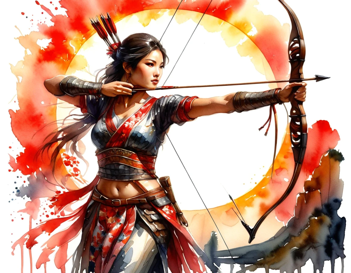 a Japanese watercolor illustration (using Black, white and red colors only) of a exquisite beautiful female archer, (silhouette artwork: 1.3), aiming a bow, holding the (composite masterwork bow: 1.3)  perfectly, ready for action as the sun rises, fantasy art, ), sun rising behind the archer, ready to act,  ultra feminine, with a long curvy hair, wearing knights armor, intricate clothes, , sting drawn to the cheek , arrow ready to be shot, (tip of the arrow glimmers in the sun: 1.3), sunrays, divine rays, high details, best quality, 16k, [ultra detailed], masterpiece, best quality, (extremely detailed), dynamic angle, Aiming a Bow, bow (weapon), ral-wtrclr